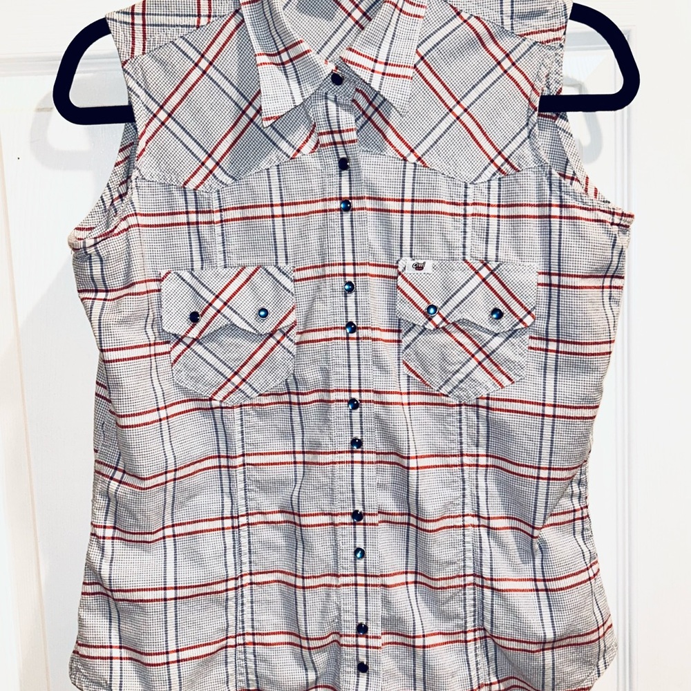 Western Shirt Cruel Girl Women’s Sleeveless Blue Snap Button Blue Red Size M